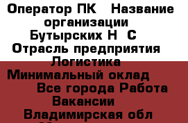 Оператор ПК › Название организации ­ Бутырских Н. С. › Отрасль предприятия ­ Логистика › Минимальный оклад ­ 18 000 - Все города Работа » Вакансии   . Владимирская обл.,Муромский р-н